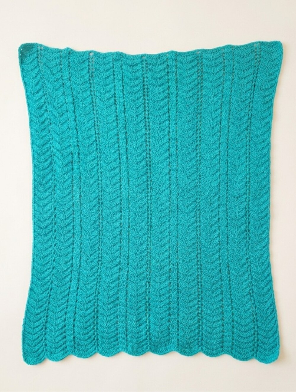 Hand-Knitted Ripple Blanket in Vivid Turquoise Acrylic Yarn - 40 x 62 in